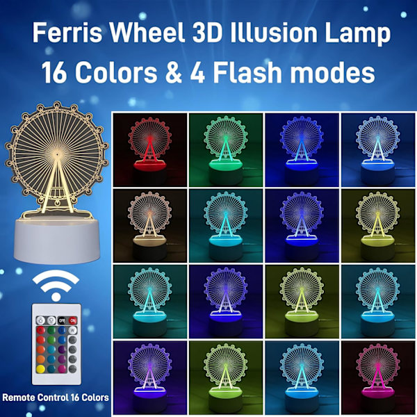 Ferris Wheel 3D Illusion Lampe, Akryl 3D Lampe LED Nattlys med Fjernkontroll 16 Fargeskiftende Skrivebordslampe, Barn Gamer Romdekor Plugg