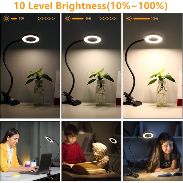 Bordlampe med klemme for lesing hjemmekontor, lysstyrke 3 moduser, klemmelampe for sengegavl, hobby black