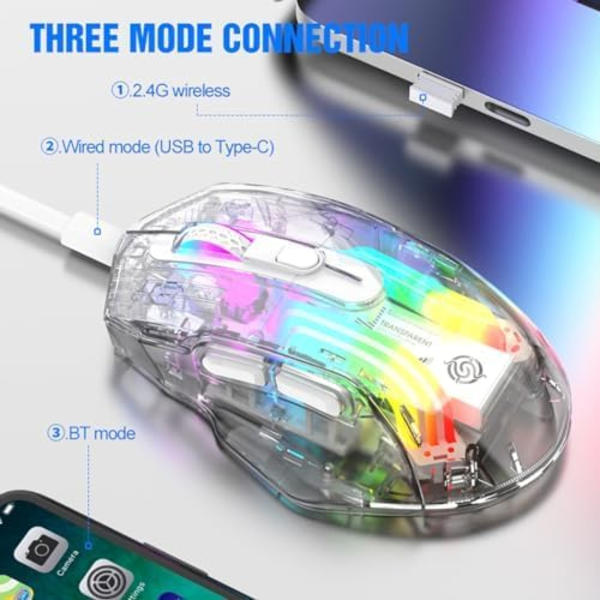 Bluetooth Trådlös Mus, Tri-Mode 2.4G/USB-C/Bluetooth Mus Upp till 3600 DPI, Transparent Mekanisk Spelmus, Chroma RGB Bakgrundsbelyst White