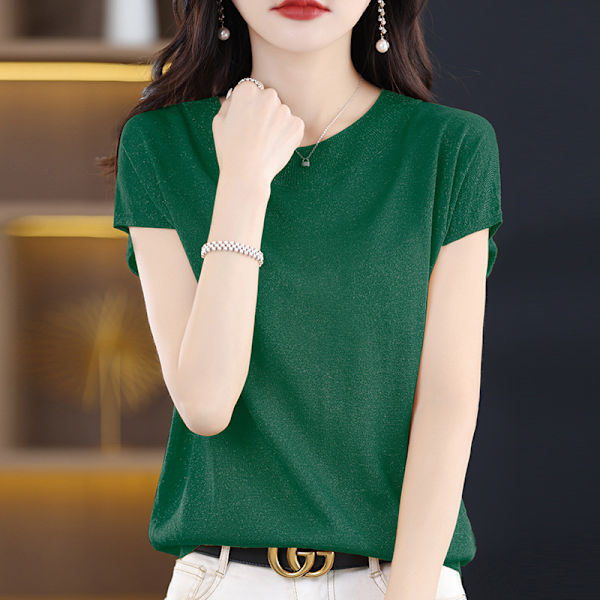 Sommer Ny Casual Kortærmet Dame Rund Hals Strik Sweater Ærme T-shirt Løs Western-stil Lys Silke Elegant Top Dark Green 2XL