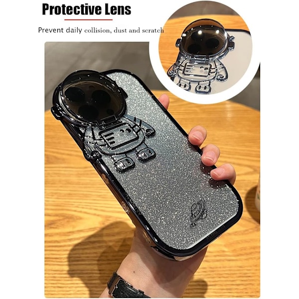 Astronaut Dold Ställ Telefonfodral för iPhone 15 promax Kameraskydd Lyx Glitter Bling 6D Elektropläterad Klar Mjuk TPU Skydd A Black
