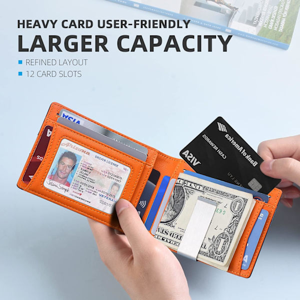 Slank tegnebog til mænd Gaver 12 kortpladser ID-vindue med pengeseddelklemme Minimalistisk RFID Frontlomme Bifold Læder Lille tynd gaveæske Far fødselsdag Chris Classic Black and Orange