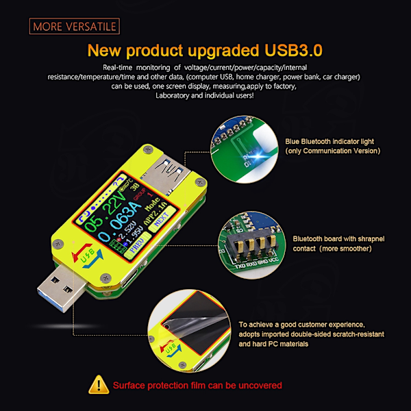 Bluetooth USB3.0 Fargeskjerm Spenning Strøm Tester Voltmeter Multimeter Type C Grensesnitt