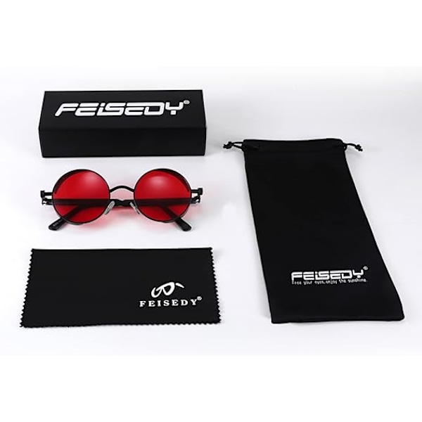 Retro Gotisk Steampunk Solbriller Rund Metalramme Punk Cirkel Inspireret Skygge Mænd B1857 Black/Red
