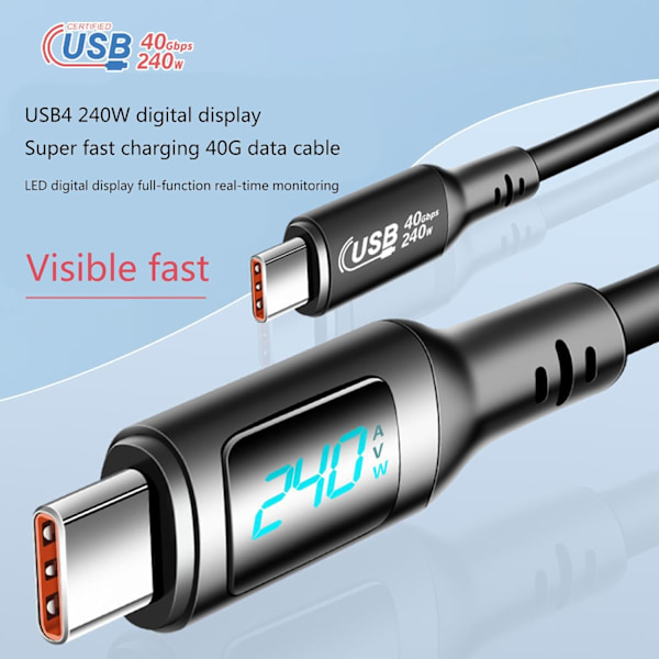 USB C till USB C-kabel 5A PD240W LED-displaykabel Snabbladdning Typ C-telefonladdare Sladd 40 Gbps Datakabel Snabbladdning 1M