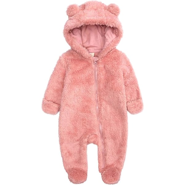 Nyfödd Baby Jumpsuit Fleeceoverall med Huva Långärmad Onesie Ytterkläder pink 12M