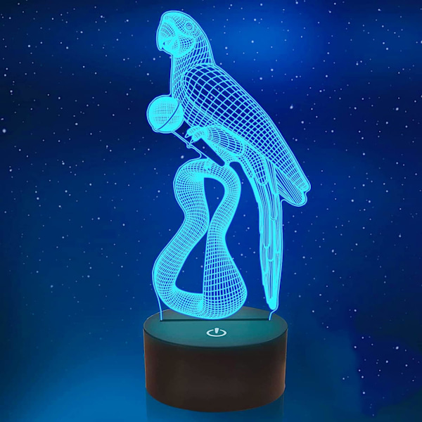 3D Papegøje Fugl Natlys LED Lampe Illusion 7 Farve Skiftende Berøringskontakt Bord Skrivebord Dekoration Lamper Fødselsdag Gave Akryl Base USB Kabel Legetøj