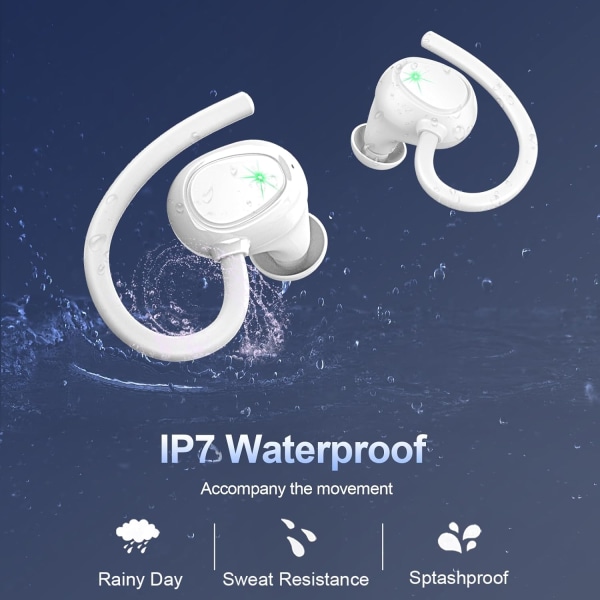 Trådløse ørepropper, 48 timer Bluetooth 5.3 hodetelefoner over øret IP7 vanntett, sports trådløse øretelefoner i øret med dobbel LED-skjerm, stereobass over øret White