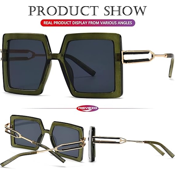 Oversized solbriller for kvinner, firkantet mote, store rammer, solbriller med UV400-beskyttelse Olive Green/Grey