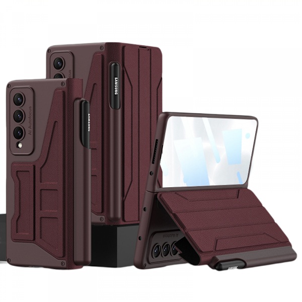 För Samsung Galaxy Z Fold 4 Fodral Hängselskydd, med S Pen-hållare, Lyxigt läder Hybrid Hård PC Inbyggt Glas Flip Kickstand Fodral