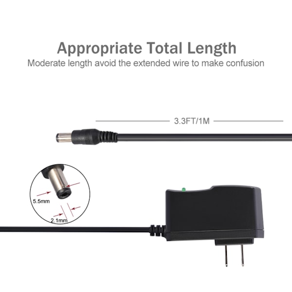 DC 9V 1A 1000mA Vegglader Strømadapter (2 Flat Pin Plugg / 100CM Kabel)