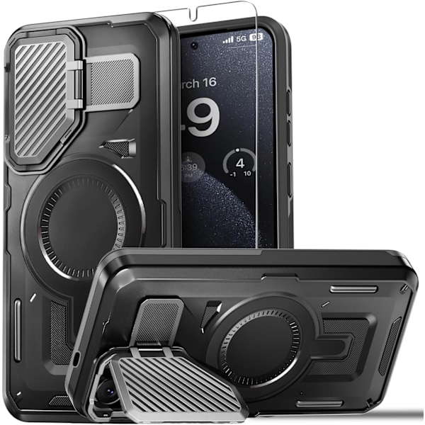 Samsung Galaxy S24plus/s25 plus Deksel med Skjermbeskytter, [Kompatibel med Magsafe] [Justerbart Kamerastativ] Militærgrad Støtsikker Black
