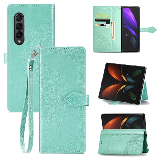 For Samsung Galaxy Z Fold 3 Lommebokveske, Embossed Leather Folio Flip med håndleddsrem Støtsikker Beskyttende Kortspor Holder Deksel