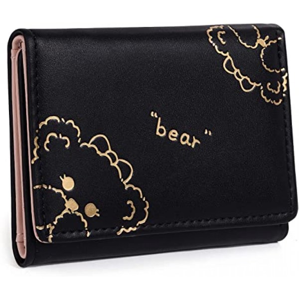 AVEKI Kawaii Wallet for Girls Cute Bear Card Holder Organizer Vegan Leather Trifold Women Purse, Bear Cover Black