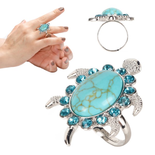 Turquoise Rhinestone Ring Women Alloy Adjustable Fashionable Cute Tortoise Shaped Ring Jewelry Accessory ZT1492