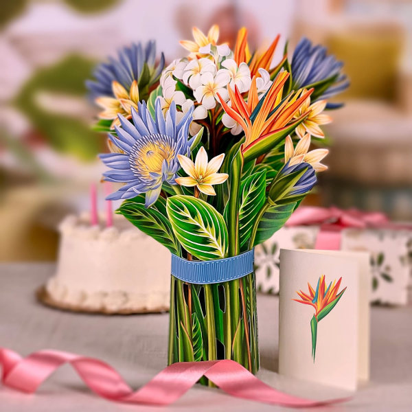 Freshcut Paperiset Pop Up -kortit, Tropical Bloom, 12 tuuman Life Sized Forever Flower Bouquet 3D Popup -onnittelukortit muistilapulla ja kirjekuorella