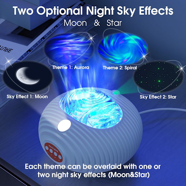 Galakseprojektor, 4-i-1 stjernelysprojektor med Aurora og spiralgalakse, stjernehimmel og måne, flerfarget nattlysprojektor med timer