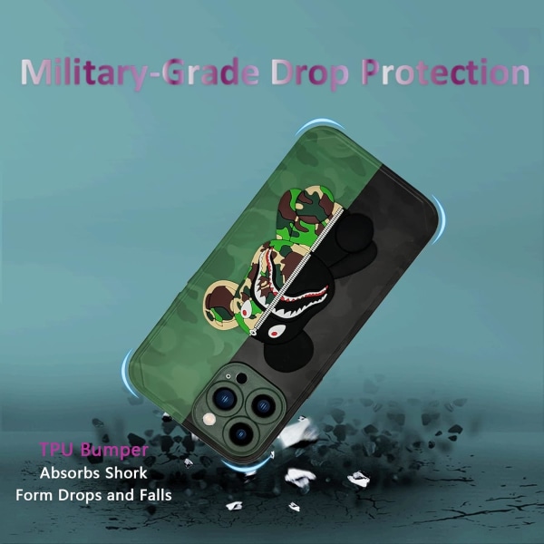 iPhone 13 Pro Max -kotelo, hauska naamiohaikarakarhu-design pojille ja tytöille, viileä armeijanvihreä sarjakuva 3D-kuvio katumuoti iskunkestävä naarmuuntumaton täysi Bo