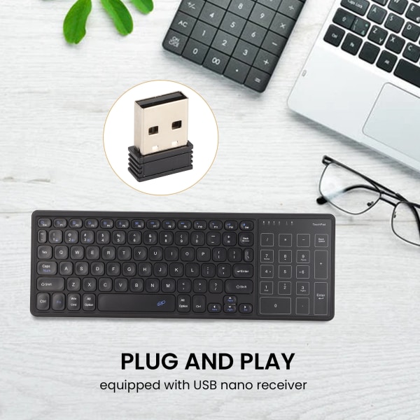 Touchpad-tangentbord Numerisk pekplatta 2,4G Trådlös USB-mottagare Plug and Play Trådlöst tangentbord med pekplatta Svart
