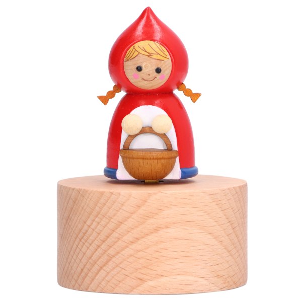 Minimusikdosa Handsnidad roterande musikalisk figurin i trä med rund bas Liten rödluva