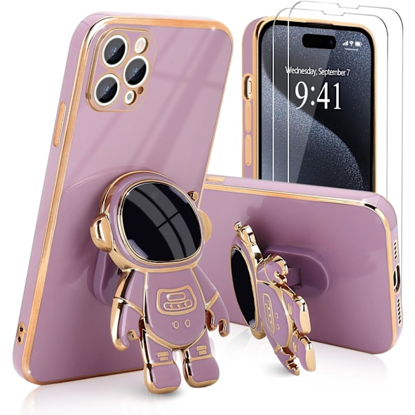 For iPhone 15promax-deksel, Søtt 3D Astronaut-stativ med [2 skjermbeskyttere] [Kamerabeskyttelse] Støtte Shockproof Bling Silikon S Purple