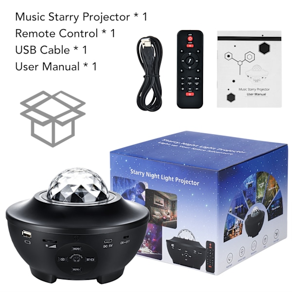 Stjerneprojektor Galaxy Nattlys Projektor, med Fjernkontroll og Musikkhøyttaler, Stemmestyring og Timer, Stjernelys Projektor for Baby Barn Voksne Seng