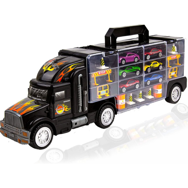 Kuljetusautonkuljetusauton lelu, leluautojen kuljetusteline, 20" pitkä kuorma-autolelu sisältää 6 tyylikästä kilpa-autoa ja 28 paikkaa, parhaat autolelut lahja