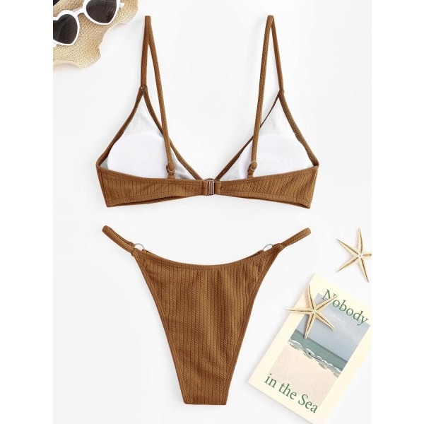 WJSM Dam Ribbad O-Ring String Bikini Badkläder Cheeky Trosa Baddräkt Två Delar 338_brown XL