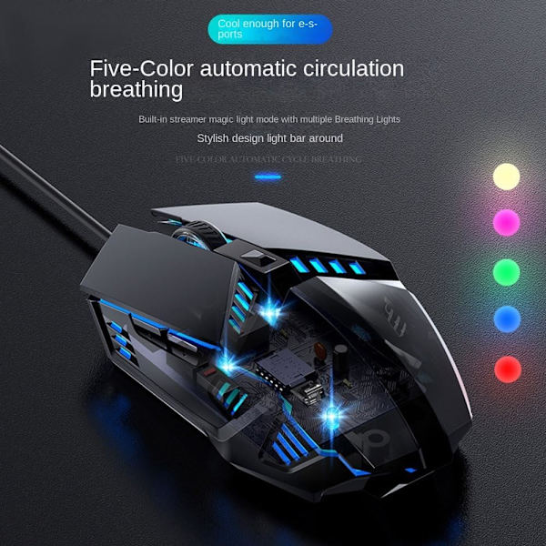 Ledningsforbundet Gaming Mus Makroer Computermus Mekanisk 5 Farver Åndedrætslys med Lydløs 6 Taster USB Flettet Kabel 4 Hastighed DPI Ergonomi med PC/Bærbar