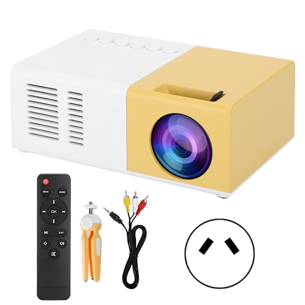 Mini bærbar LED-projektor 1800LM med stativfeste for hjemmeunderholdning (gulhvit)