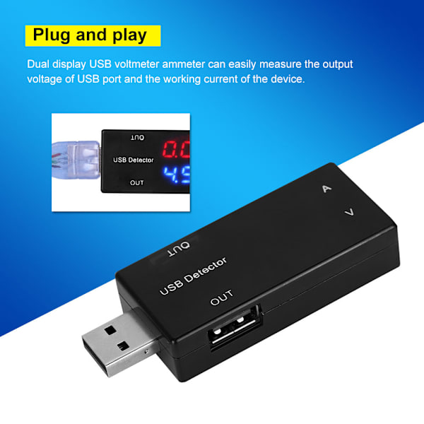 Sort USB-strømmåler Spændingstester Dobbelt display Bordmåler