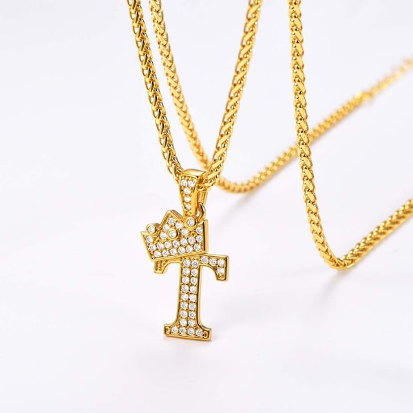 Krona Initial A-Z Halsband, Iced Out Letter Hänge med 22-24 Tums Kedja, Män Kvinnor Bling Hip Hop Alfabet Namn Smycken Present Stora Initialer Halsband T 18K Gold