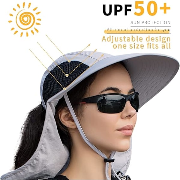 Solhatt for menn og kvinner med nakkeklaff, UPF 50+ UV-beskyttende tur- og fiskehatter, bredbremmet solhatt for kvinner og menn 1pack-light Gray