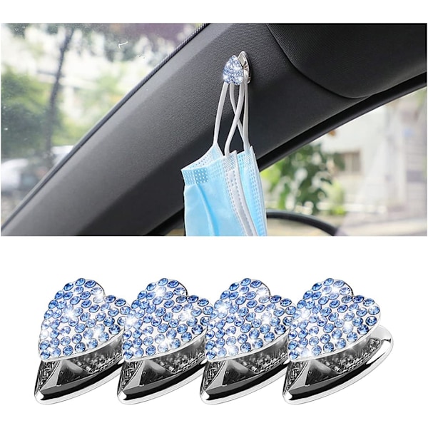 Bling Mini Kroge til Bil, 4 STK Søde Hjerteformede Håndlavede Rhinestone Kroge til Bil, Hjem, Bilophængsarrangør Klæbende Kroge til Nøgler, Pung, Aut
