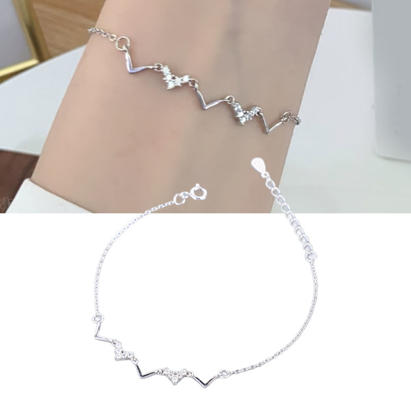 S925 Sterling Hopea Sydämenlyönti Aalto Rannekoru Geometrinen Aalto Bling Hieno Koru Naiselle Tyttöystävälle