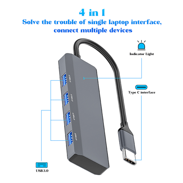 USB C Hub 4 USB3.0 Port Aluminiumlegering Lättvikt 5Gbps Snabb Värmeavledning USB Splitter för PC