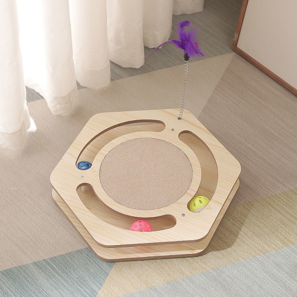 Pet Supplies, Wooden Cat Scratcher and Scratcher Pads, Multifunctional Cat Toys, Interactive Fun Toy, Double Layer with Cat Balls