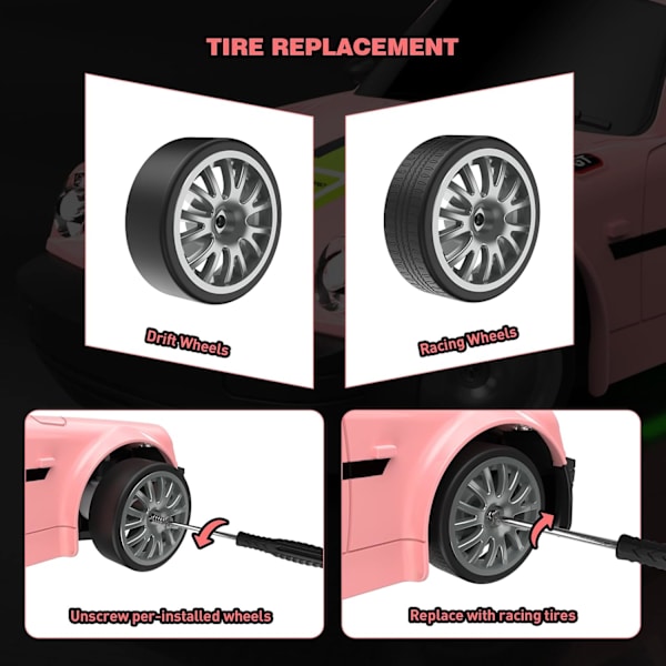 RC Driftbil 2.4GHz 1:20 Skala 4WD 20KM/H Hög Hastighet Fjärrstyrd Bil med LED-lampor Driftdäck 2 st Laddningsbara Batterier Leksaksbil Pink