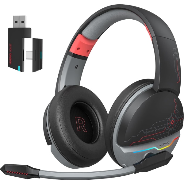 G08 Dobbel trådløst gaming-headset med mikrofon for PS5, PS4, PC, mobil, nettbrett: 2,4 GHz trådløs + 5,3 Bluetooth - lett - RGB-lys - rød Red
