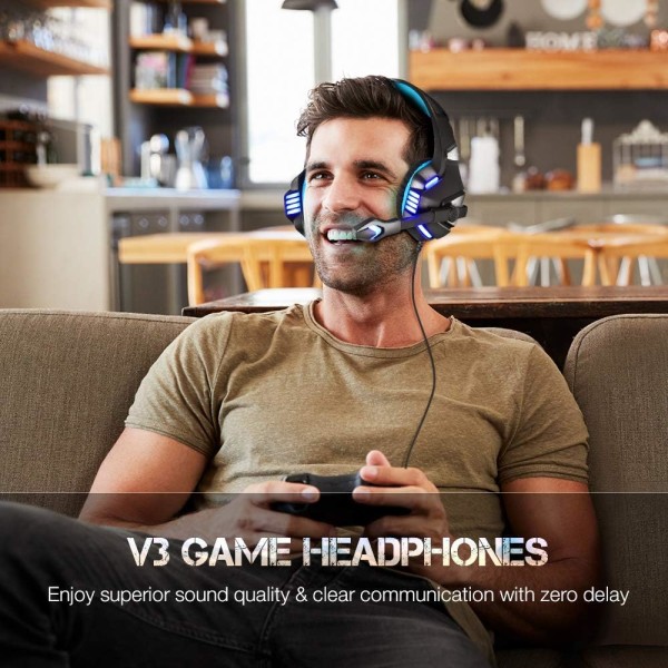 Gaming Headset til Xbox One, PS4, PC, Over Ear Gaming Hovedtelefoner med Støjreducerende Mikrofon LED Lys, Stereo Bas Surround, Bløde Memory Øremuffer til Blue