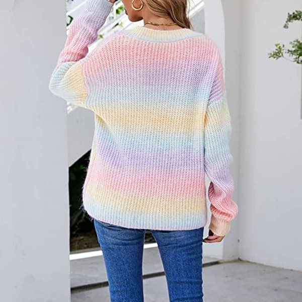 Mørke Sweatre til kvinder - Efterår og vinter - Langærmet V-hals - Farvekombination - Stribet - Trykt - Gradient - Sweater