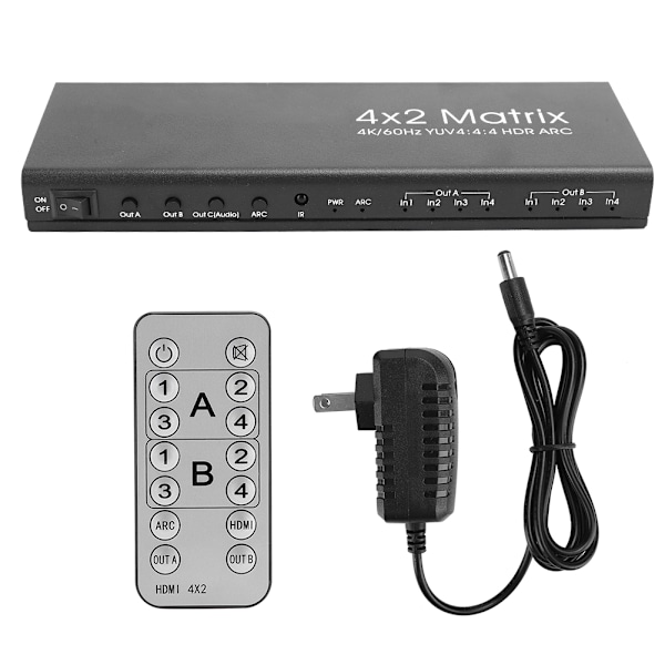 4x2 4K 60Hz HDMI 2.0 Matrisväxlare Splitter Adapter YUV4:4:4 HDR ARC