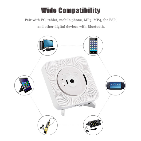 Bærbar veggmontert Bluetooth-stereofjernkontroll CD MP3-spiller