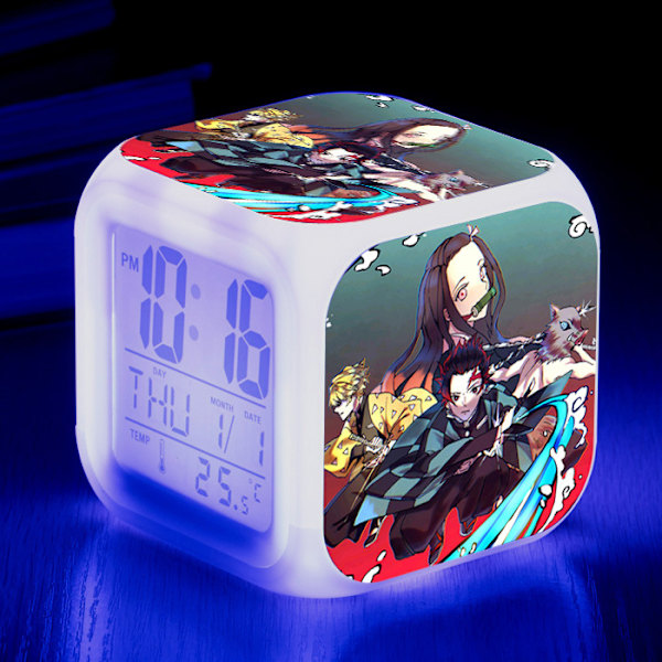 Wekity Anime Ghost Slayer Färgglad Väckarklocka LED Kvadratisk Klocka Digital Växklcka med Tid, Temperatur, Alarm, Datum
