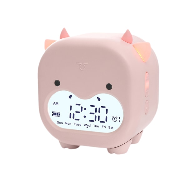 Barnväckarklocka Sovrum Datum Temperatur Snooze Vakna Ljus&Nattljus Söt Digital Ko Klocka med USB för Pojkar Flickor Gåvor
