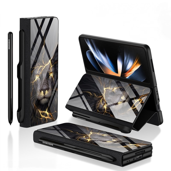 Til Samsung Galaxy Z Fold 4 Etui med S-Pen Holder Flip Plating Glas Crystal Hybrid Læder All-Inclusive Cover, med hængselbeskyttelse