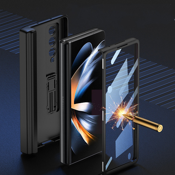 Fodral till Samsung Galaxy Z Fold 4 med inbyggd dold S Pen-hållare för att undvika förlorad penna, skärmskydd, gångjärnsskydd, justerbart stativ