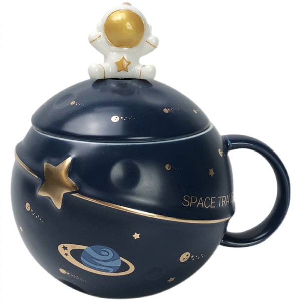 Astronautmugg med rymdpräglad planetmugg, söt kaffemugg i keramik, nyhetsmugg med lock och sked för kaffe, te, mjölk (mörkblå)