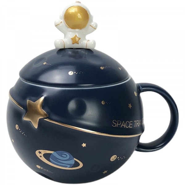 Astronauttikuppi, avaruuden kohokuvioitu planeettakuppi, söpö keraaminen kahvimuki, uutuusmuki kannella ja lusikalla kahville, teelle, maidolle (tummansininen)