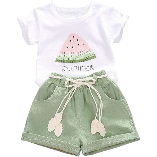Baby Småbarn Jenter Klær Vannmelon T-skjorte Topper Lin Shorts Antrekk Søte Sommer Shorts Sett green 80cm